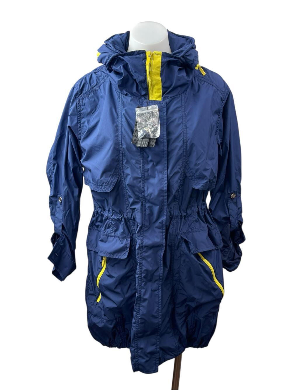 NEW Bonnie Alex Women's Blue Hooded Long Sleeve Parka Rain Coat Jacket Size M/L